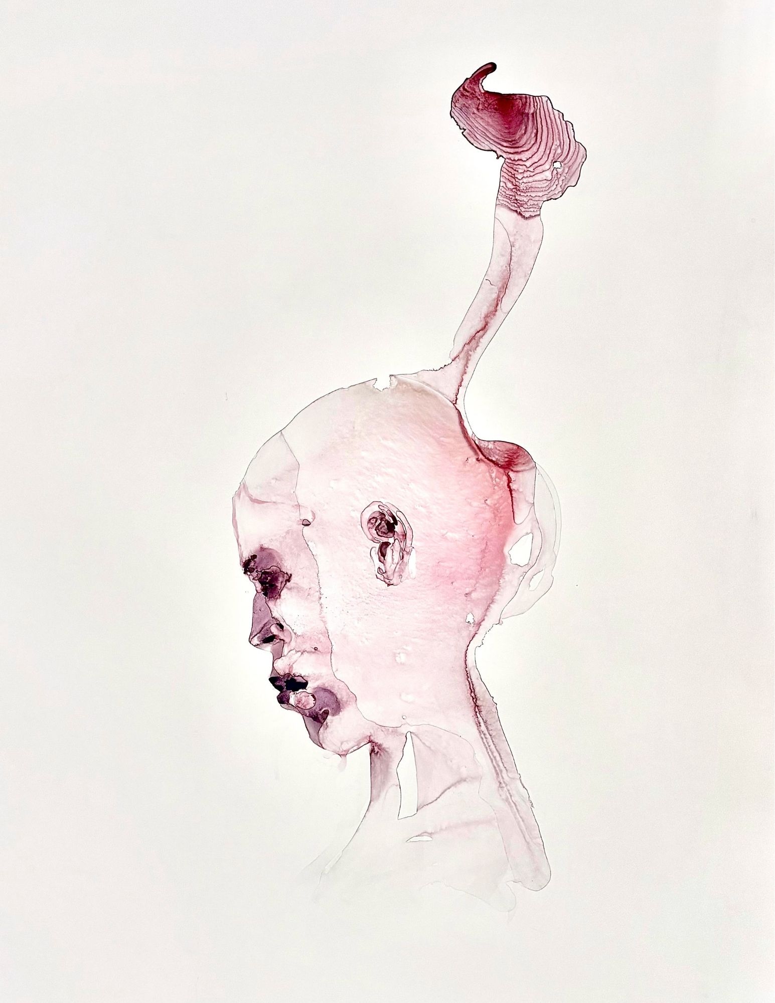 image of watercolour portrait of a side profile in pink and purple tones